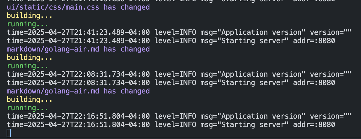 Air running and reloading after file changes.